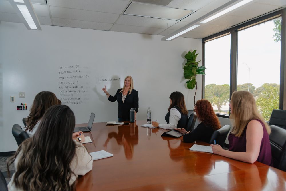 FUNDVIEW team member leading a whiteboard session in the conference room