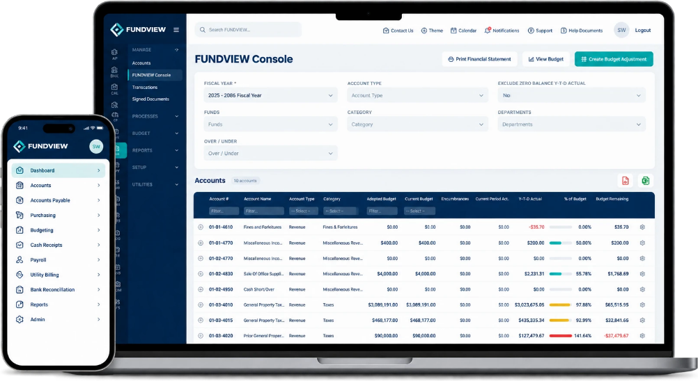 FUNDVIEW on a laptop and a phone: the FUNDVIEW Console with fiscal-year accounts, and the mobile menu