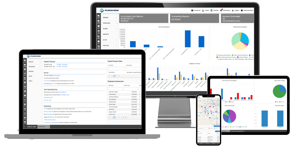 FundView software displayed on laptop, tablet, and mobile devices