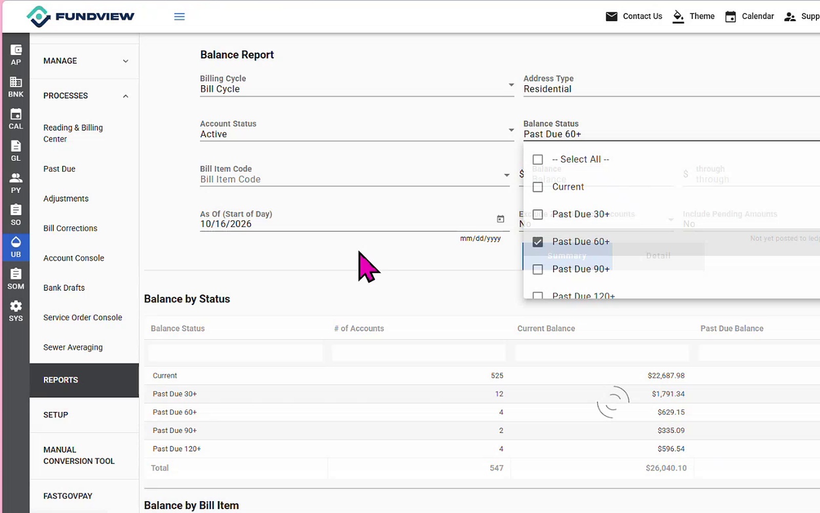 Utility Billing screen: run the Balance Report as of any date